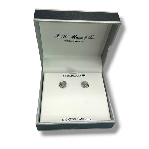 NEW Macy's Diamond Heart Earrings (1/10 ct. t.w.) in Sterling Silver Pave Stud - Picture 1 of 10